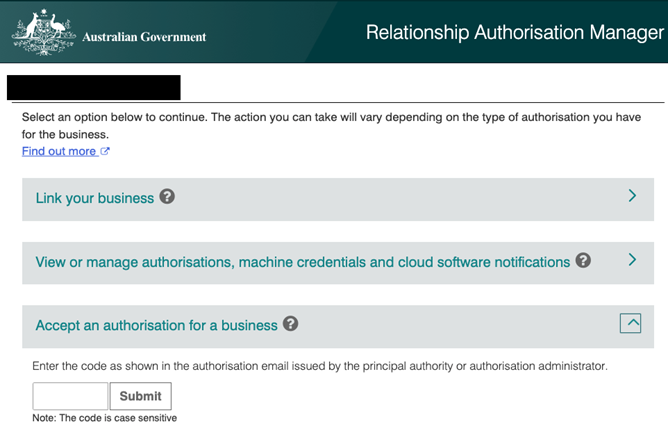 screenshot of RAM ABN linking